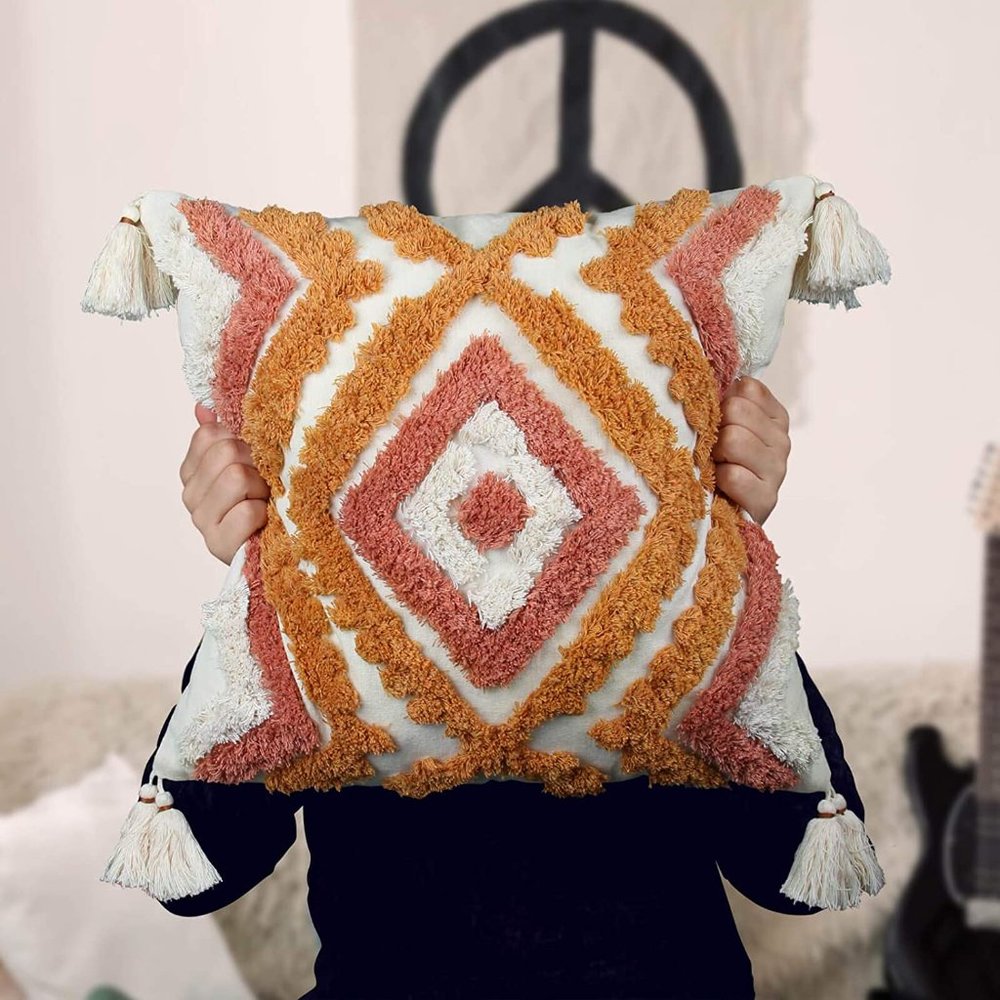 Pink/Orange Tassel Throw Pillow Covers 18x18, 12x20 Woven Tufted Living Room/Bed - Picture 5 of 16